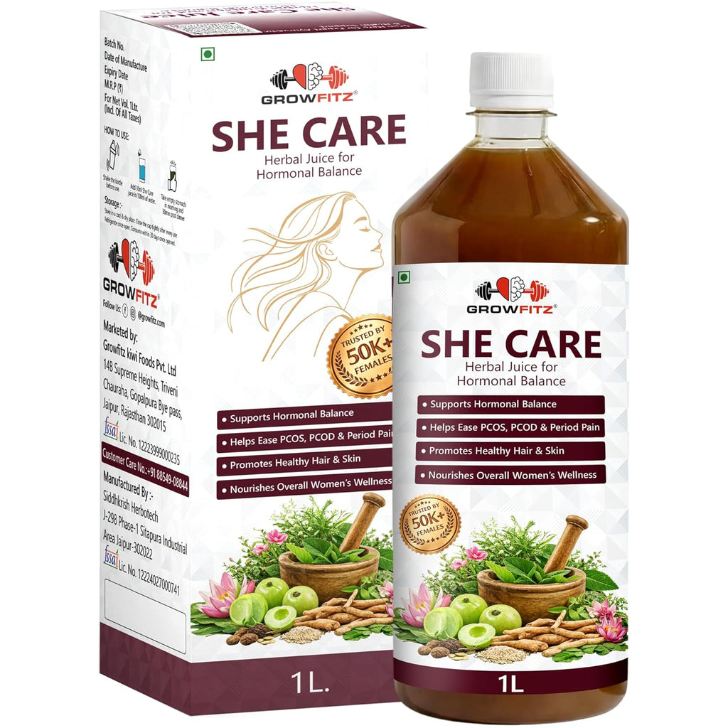 Growfitz She Care Herbal Juice 1000ml | Advanced Ayurvedic Formula for PCOS/PCOD, Hormonal Balance & Period Health | With Shatavari, Ashok Chaal, Amla & Giloy | No Added Sugar
