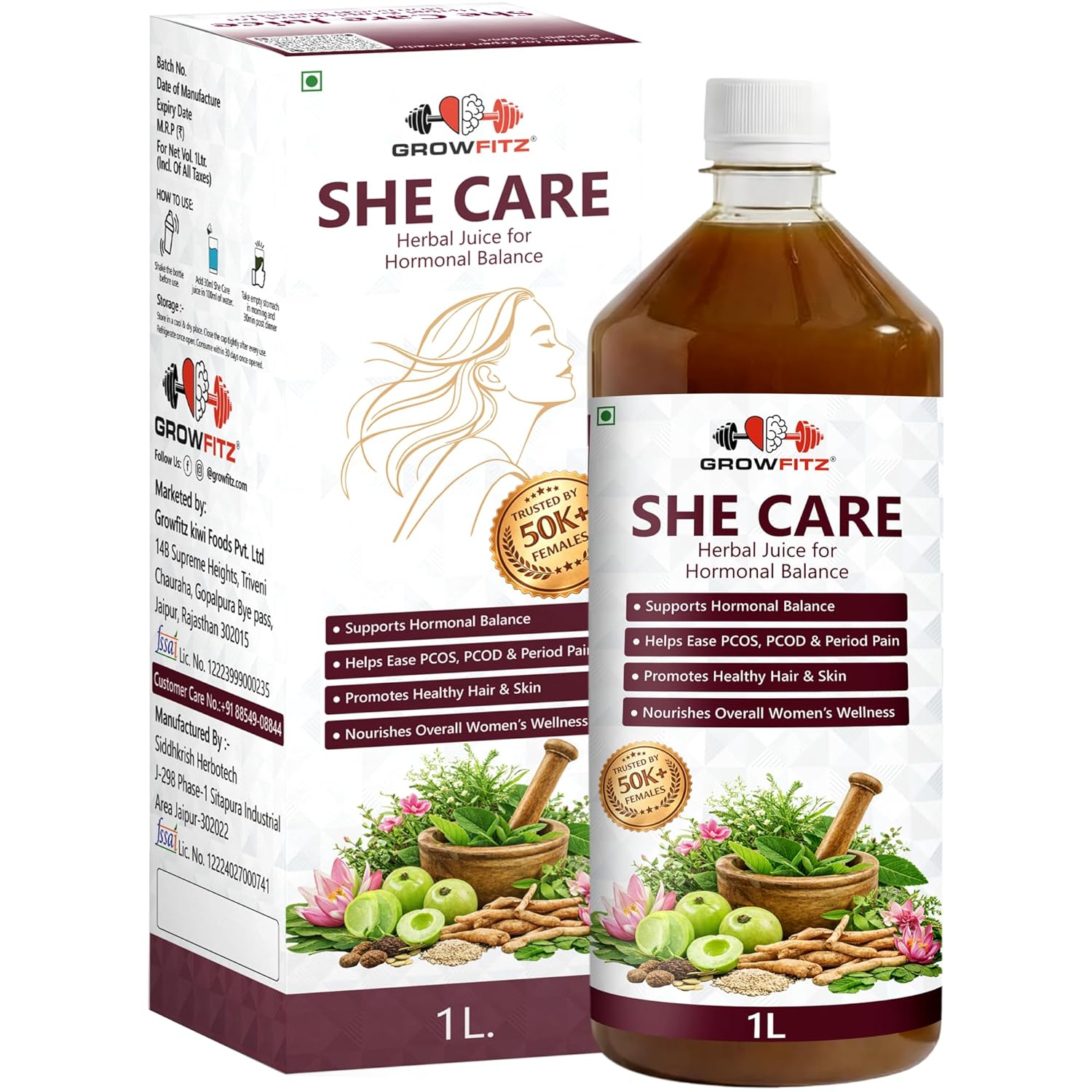 Growfitz She Care Herbal Juice 1000ml | Advanced Ayurvedic Formula for PCOS/PCOD, Hormonal Balance & Period Health | With Shatavari, Ashok Chaal, Amla & Giloy | No Added Sugar