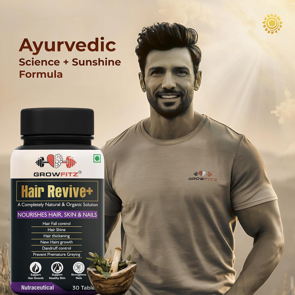 Growfitz Hair Revive+ | Ayurvedic & 100% Natural | Hair Growth, Skin, Nails | For Men & Women - 30 veg tablets (Pack of 1)