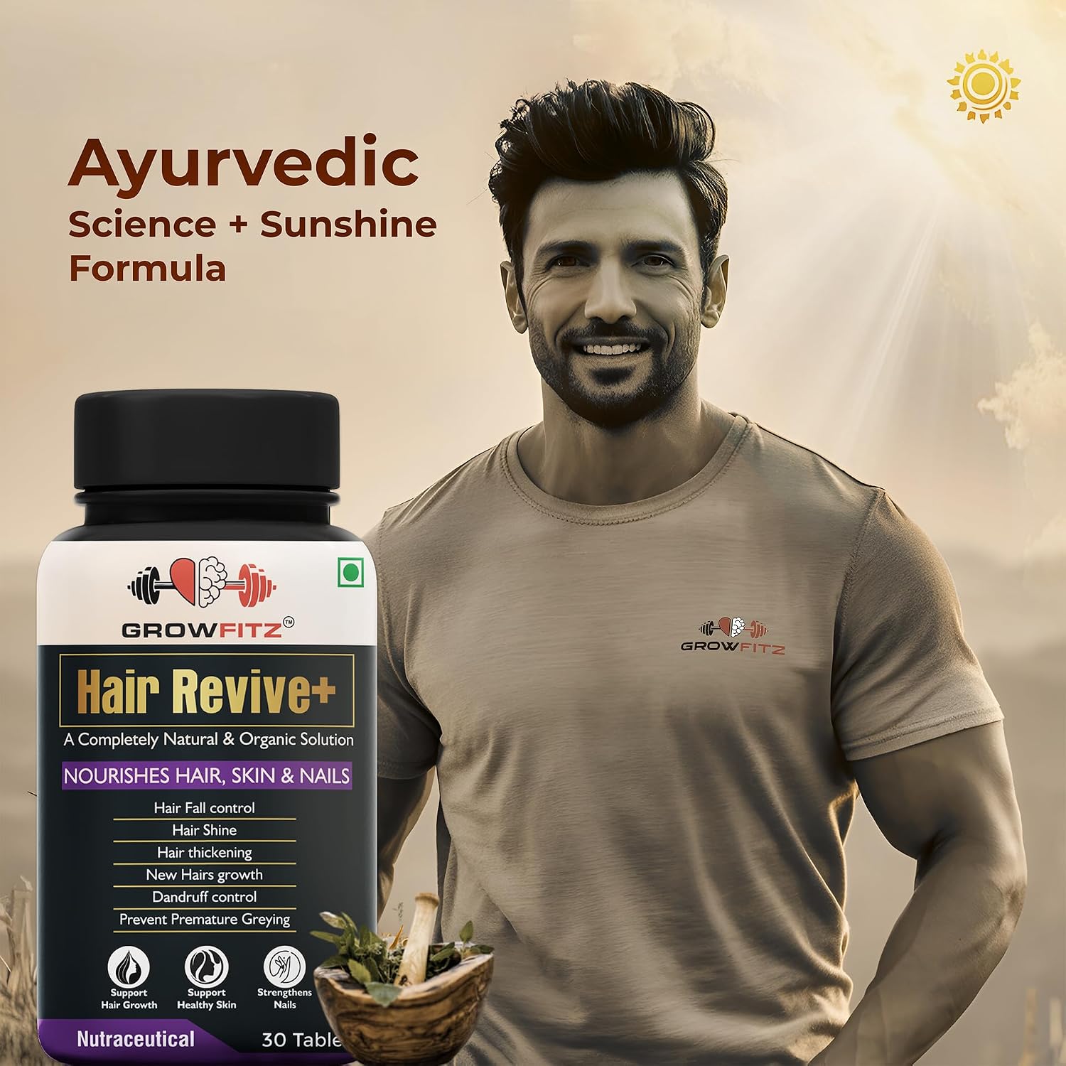 Growfitz Hair Revive+ | Ayurvedic & 100% Natural | Hair Growth, Skin, Nails | For Men & Women - 30 veg tablets (Pack of 1)