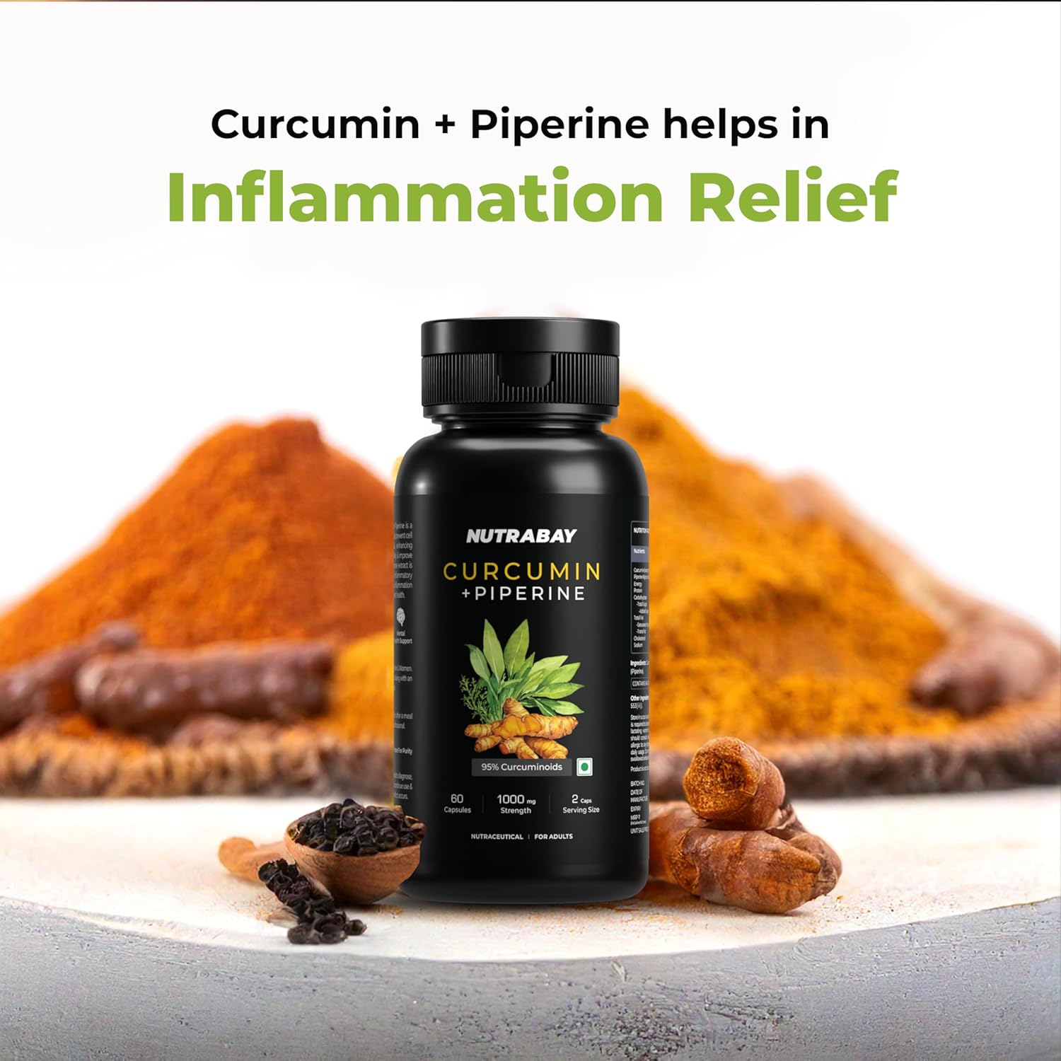 Nutrabay Wellness Curcumin with Piperine with 95% Curcuminoids - Natural Immune Support, Antioxidant, Advanced Absorption & Anti Inflammatory Joint Pain Support - 1000mg, 60 Veg Capsules