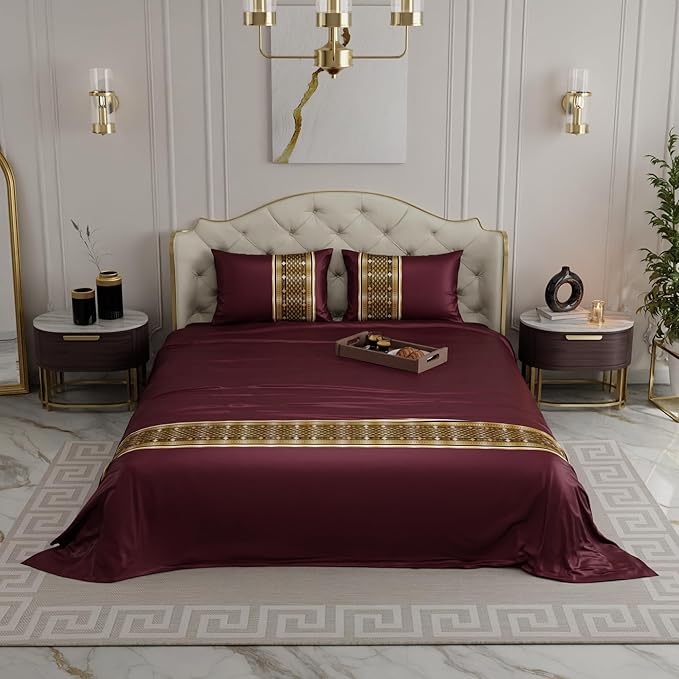 Stoa Paris Bedsheets for Double Size Bed Satin Bedsheet Set with 2 Pillow Covers Colour Royal Treasures-Wine