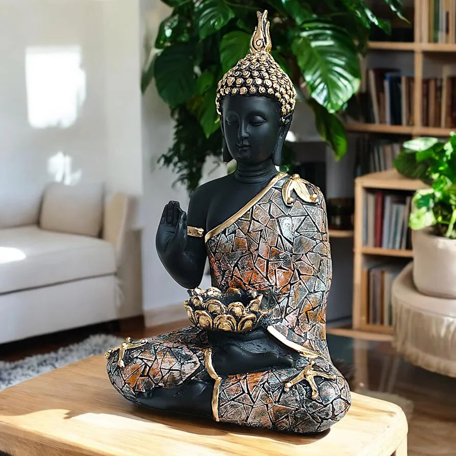 Neelaya Meditating Buddha Tealight Holder Polyresin Statue 28 Cm Black Brown