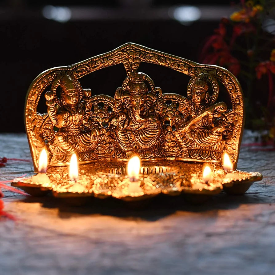 Laxmi Ganesh Saraswati Idol Diya Oil Lamp Deepak Metal