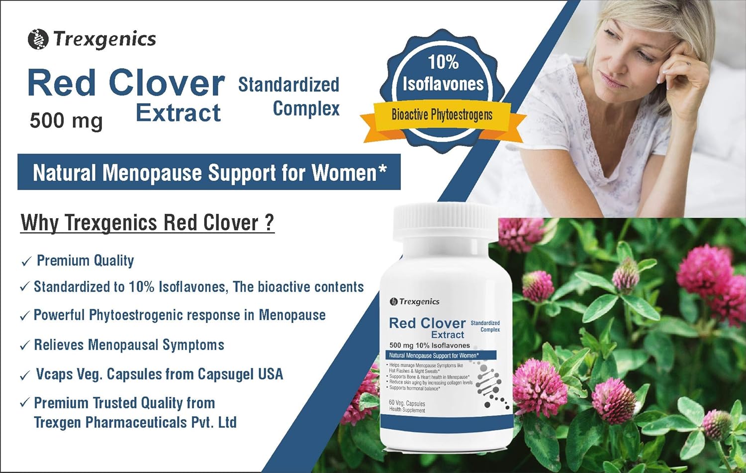 Trexgenics RED CLOVER 500mg (10% Phytoestrogen Isoflavones) Natural Menopause, Hormonal Balance Support for Women (60 Vcaps) (1)