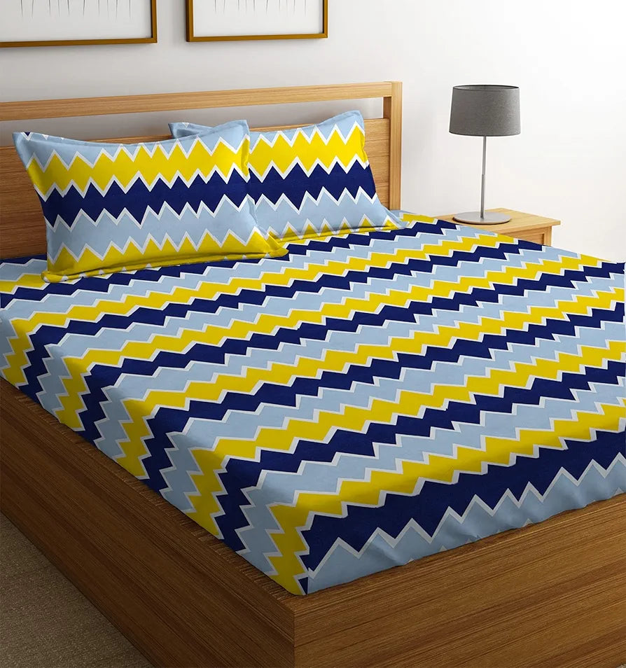 HomeKart Microfiber bedsheet for Double Bed with 2 Pillow Covers Breathable and Soft Touch 144 TC Pattren Zigzag Yellow and Grey TC 144
