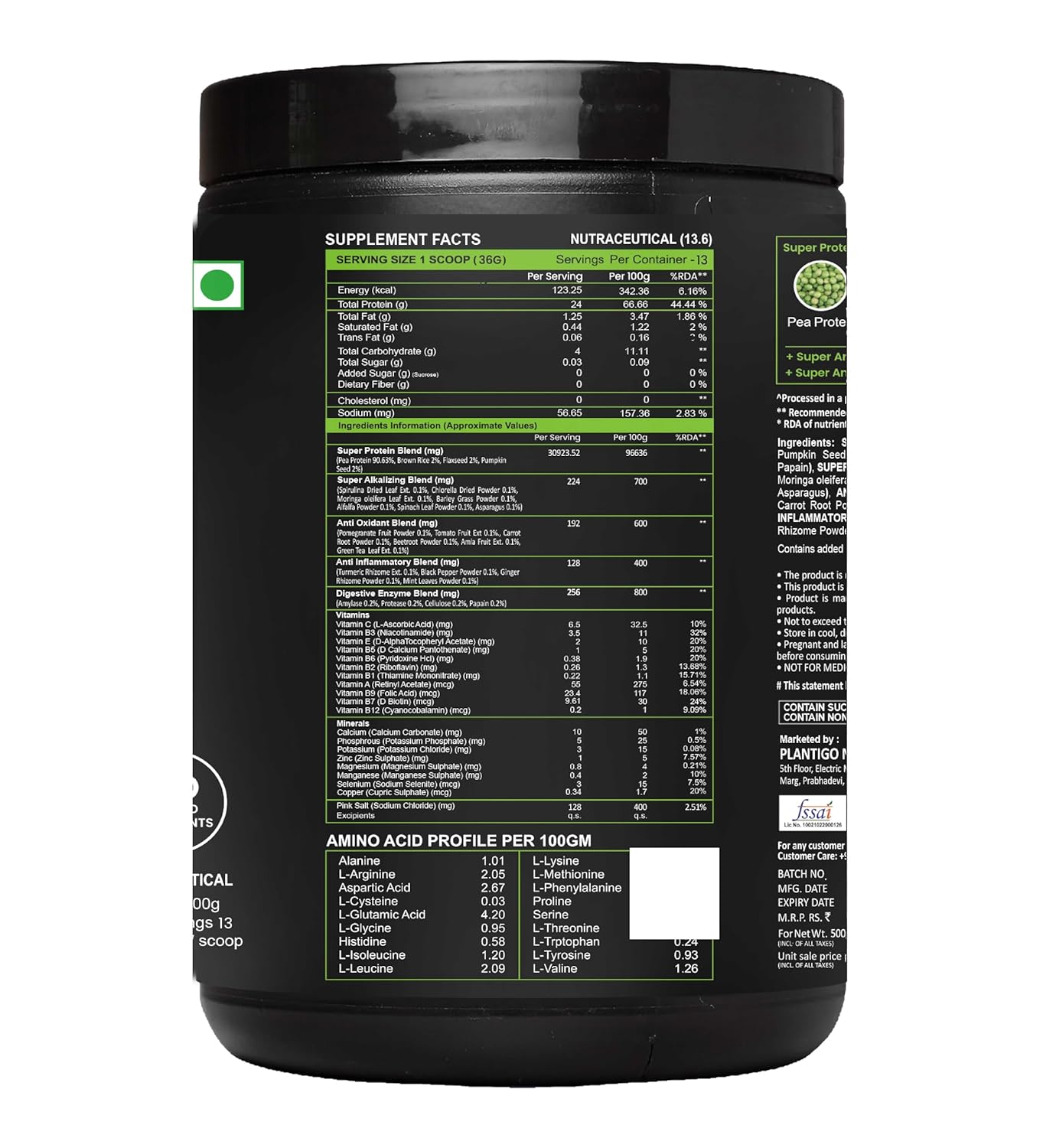 Plantigo Clean Protein Powder Men & Women | 24g Plant Protein, 4.4g BCAA, 2g Leucine, 4g Fiber | No Sugar, No Dairy, No Preservatives | 4x Fast Digest, Stress & Muscle Recovery | Swiss Chocolate 500g