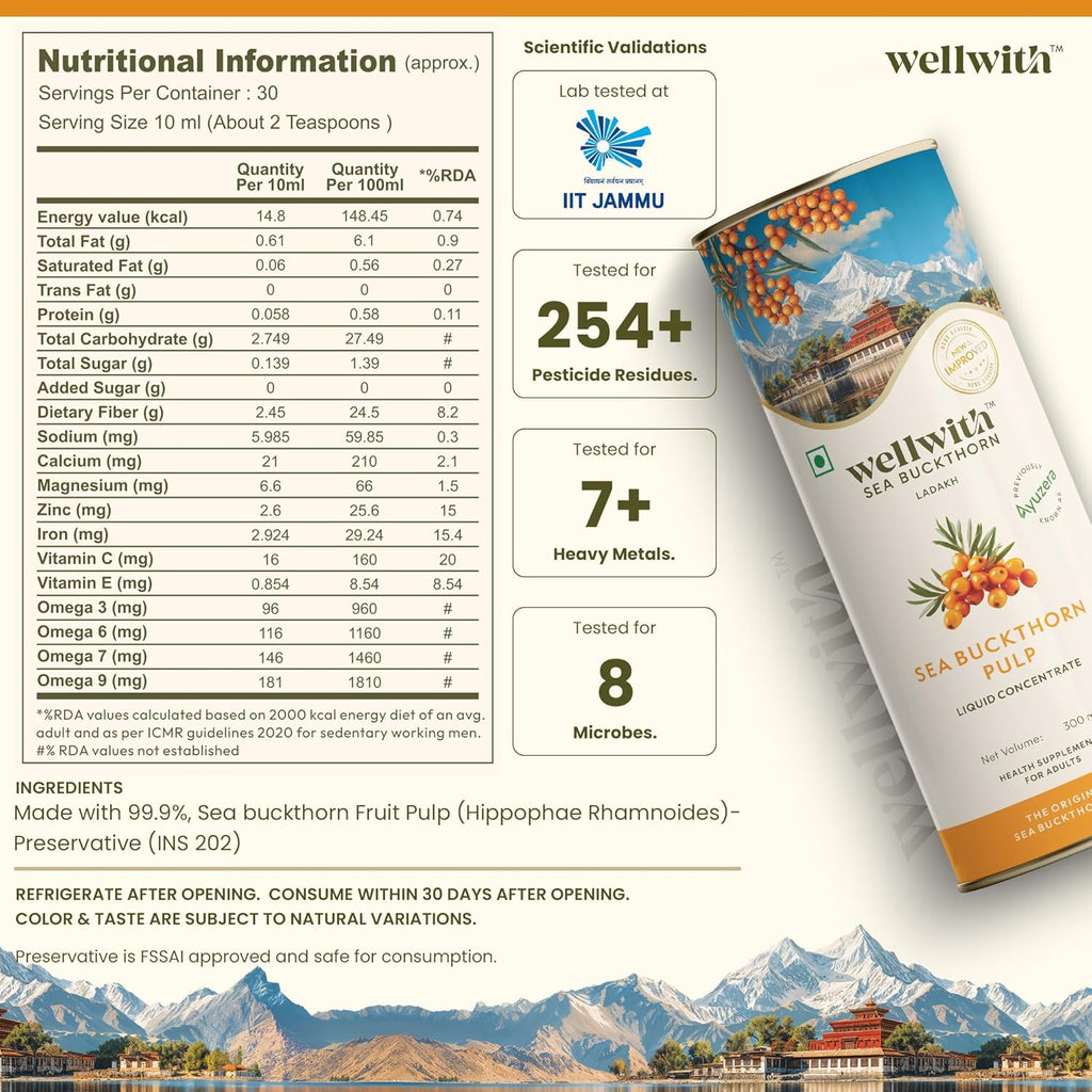 Wellwith by Ayuzera Himalayan Sea Buckthorn Pulp 300ml | Cold Pressed Seabuckthorn Juice | Rich in Vitamin C, Omega 3 6 7 9 & Antioxidants | Supports Immunity, Skin & Gut Health