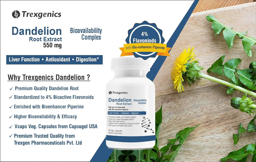 Trexgenics DANDELION (Bioactive 4% Flavonoids) 550mg EXTRACT Liver Function, Dextox, Antioxidant, Digestion (60 Veg Capsules)
