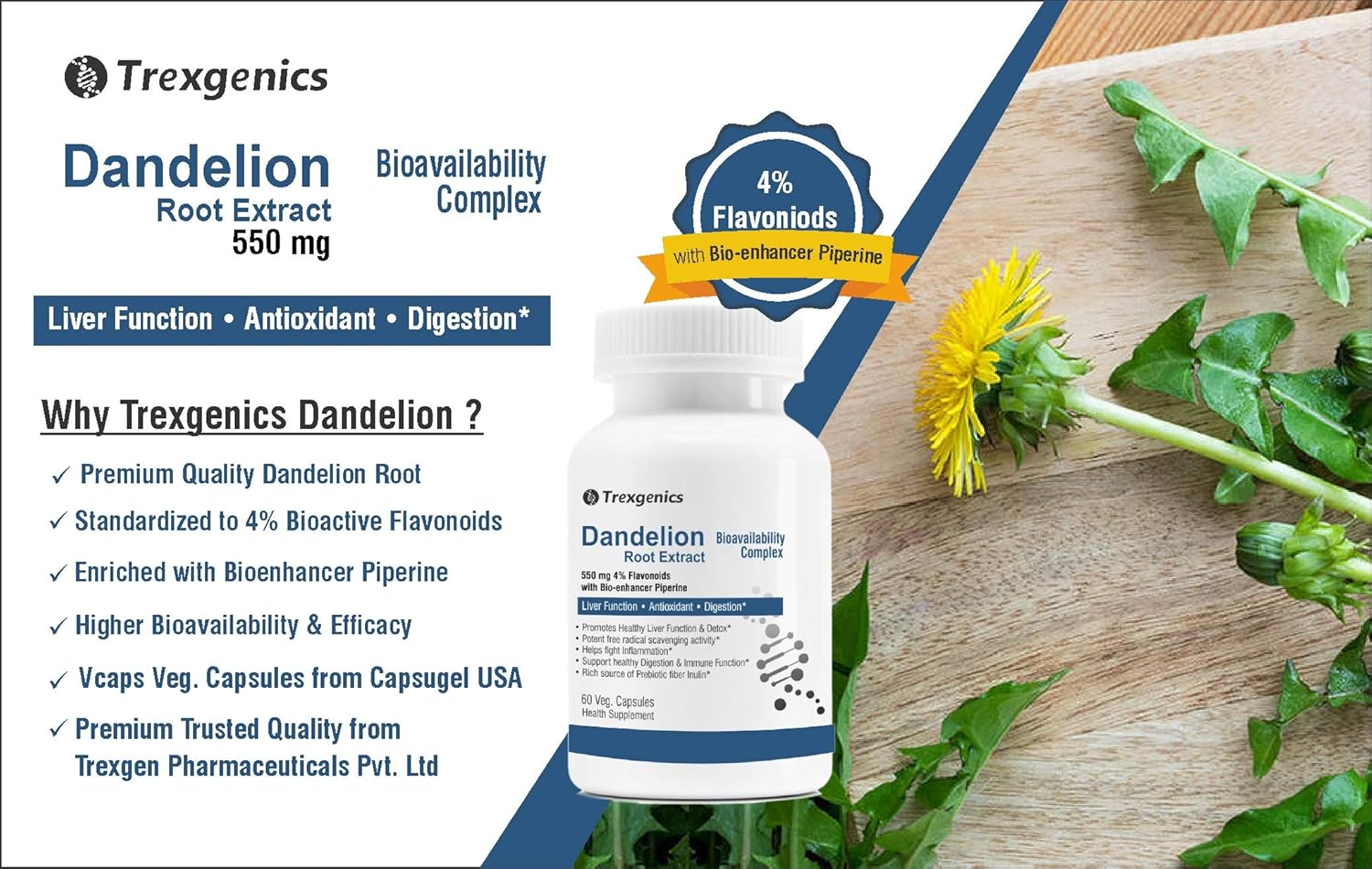 Trexgenics DANDELION (Bioactive 4% Flavonoids) 550mg EXTRACT Liver Function, Dextox, Antioxidant, Digestion (60 Veg Capsules)