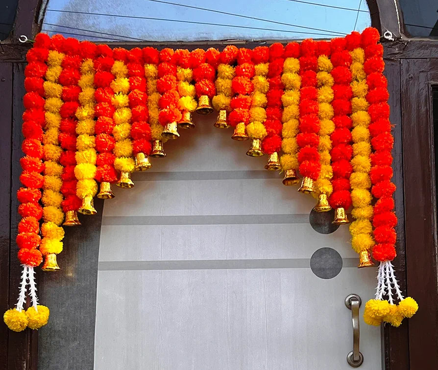 Artificial Marigold Bandanwar 40 Inch Orange & Yellow Fluffy Door Toran with Golden Bells Golden Bell With Marigold Bandanwar
