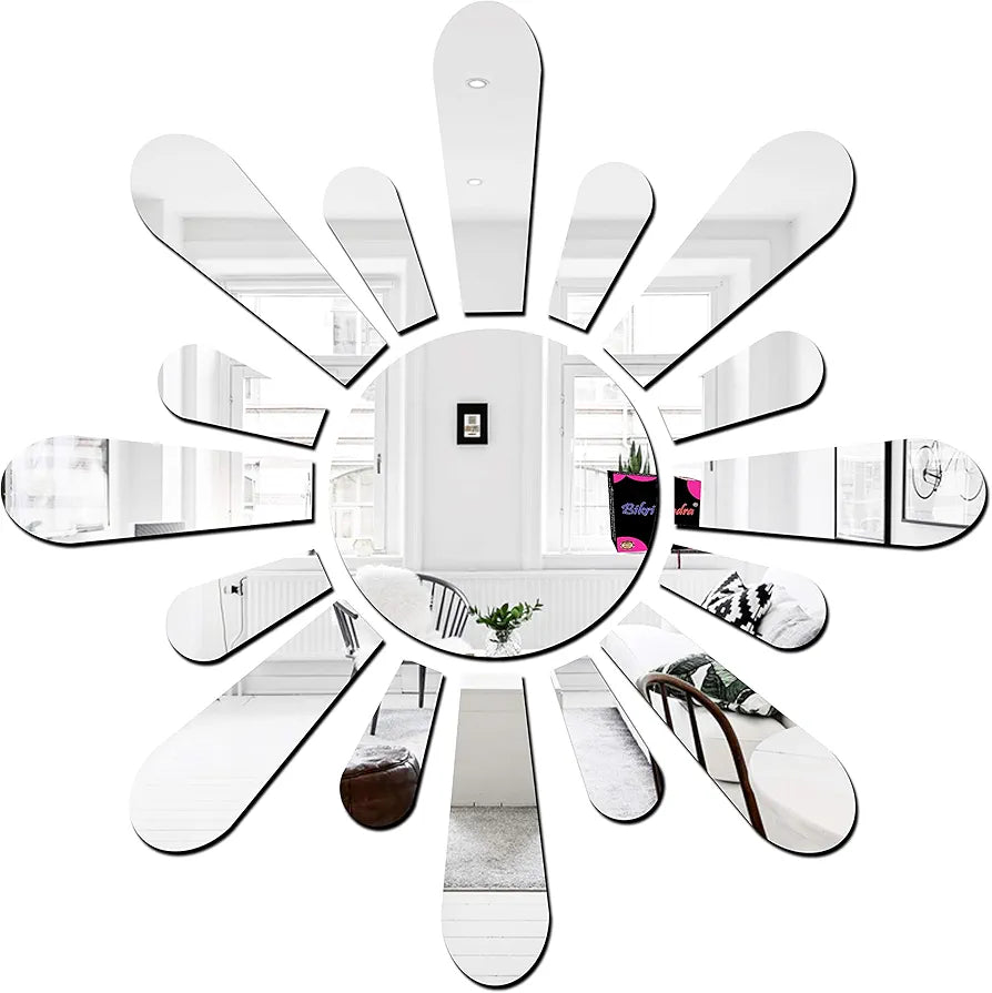 Bikri Kendra Sun Silver Model-12 Mirror Stickers for Wall, Acrylic Mirror Wall Decor Sticker