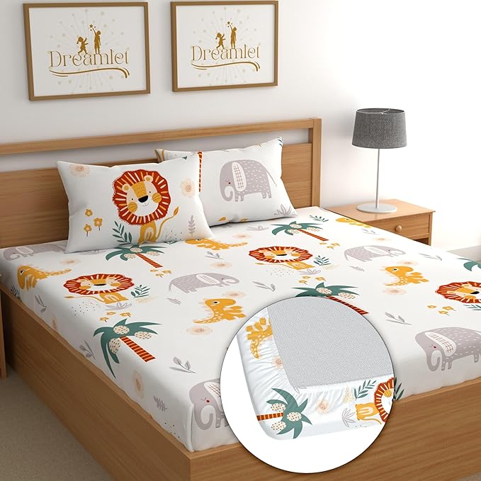 Dreamlet 180tc Cotton Feel All Around Elastic Fitted Bedsheets King Size for Double Bed With 2 Pillow Covers | White