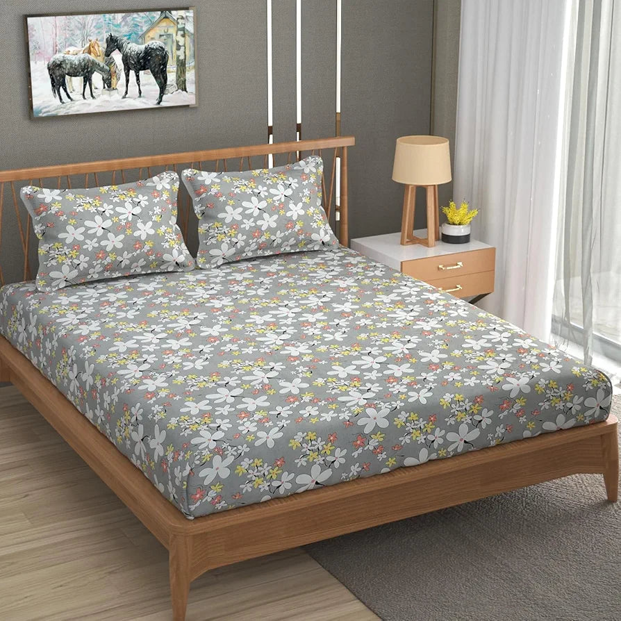 Homefab India 180 TC Microfiber Double BedSheet with 2 Pillow Covers  Light Grey Floral
