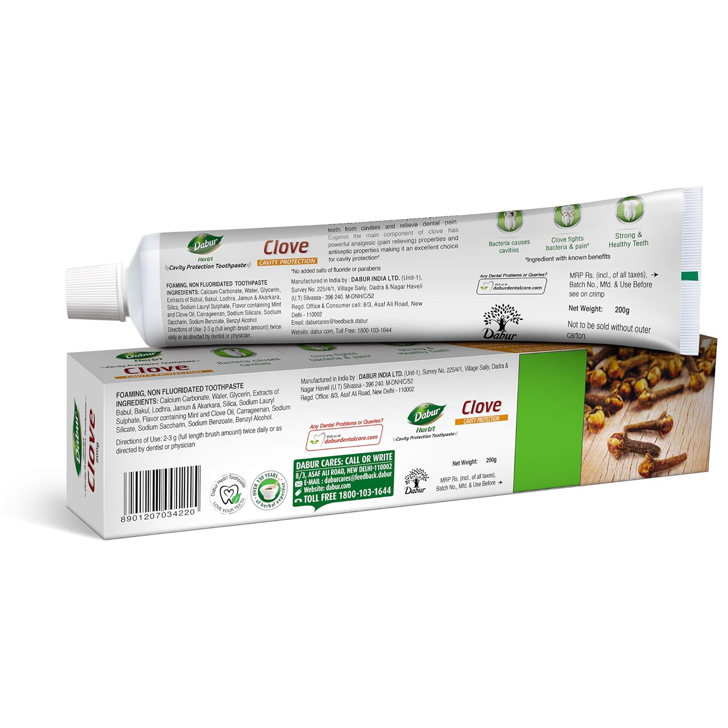 Dabur Herb'l Clove Cavity Protection Toothpaste - 200g | No added Fluoride & Parabens | For Strong & Health Teeth