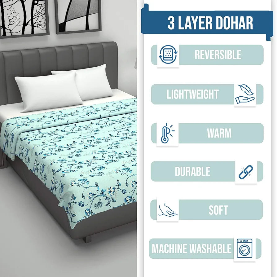 Divine Casa Floret 100% Cotton Double Dohar 120 GSM Soft & Lightweight Throw Blanket Colour Winter Fern