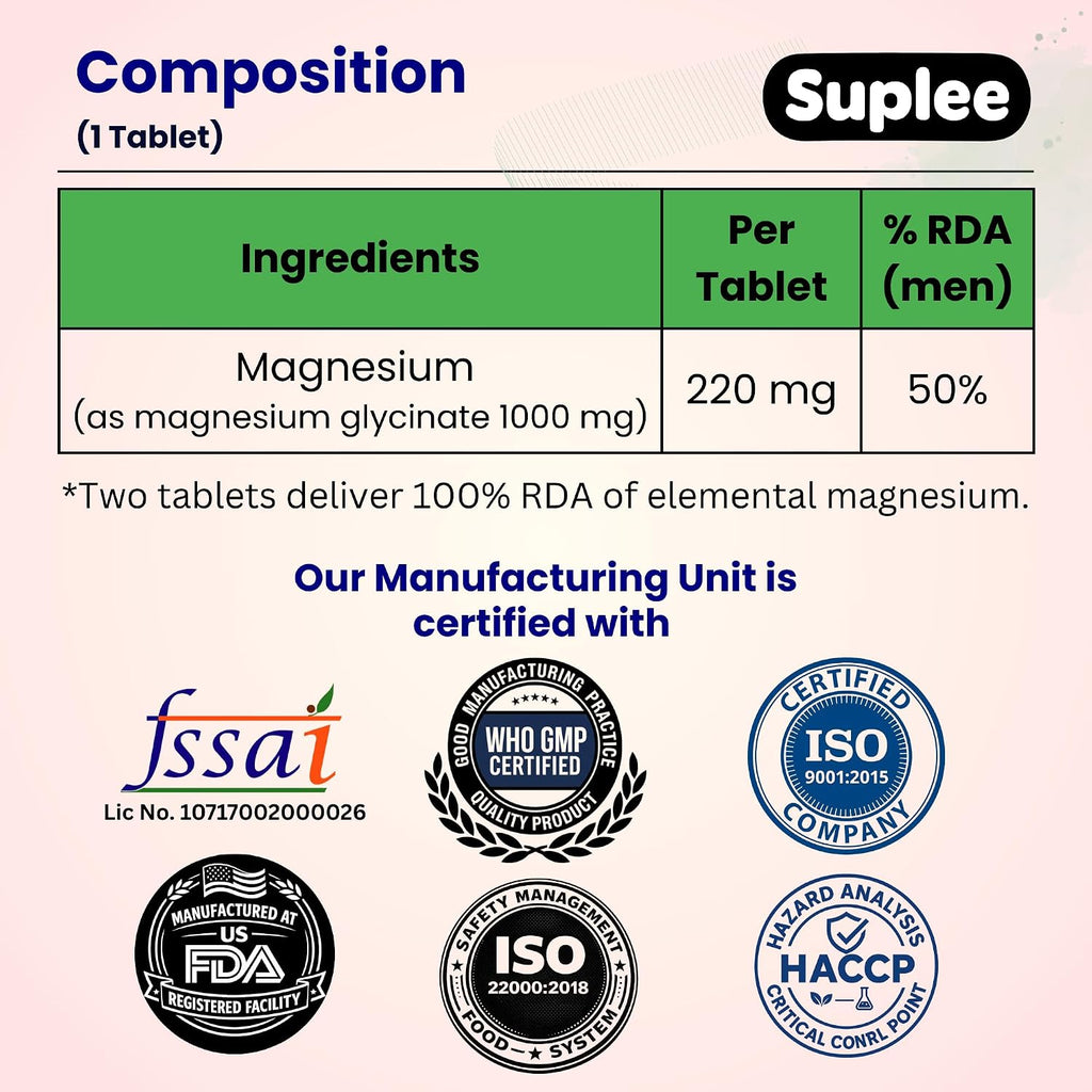 Suplee Magnesium Glycinate Effervescent Tablets 1000mg | 220mg Elemental Mgagnesium per Tablet | Supports Muscle Recovery, Sleep & Heart Health | Zero Added Sugar | 20 Count | Orange Flavour