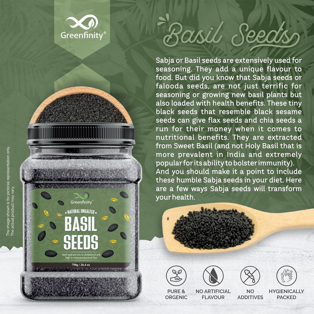 GreenFinity Basil Seeds 750g | Raw Sabja Seeds for Eating | Healthy Snacks | Jar Pack