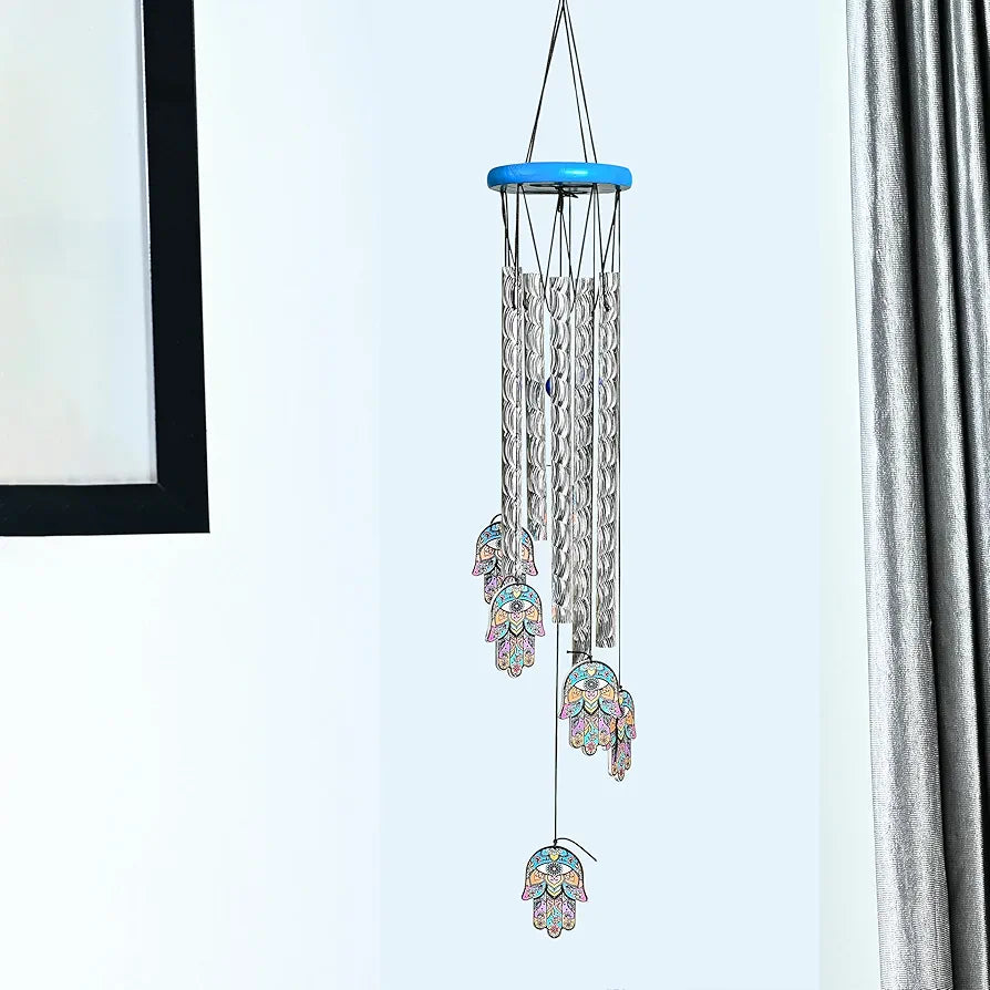 Wind Chimes for Balcony and Home 6 Hamsa Hand 5 Silver Pipe Wind Chime -014