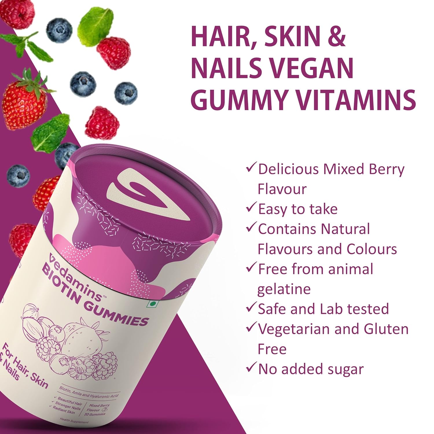 Vedamins Biotin Hair Gummies for Hair Growth, Skin Glow & Stronger Nails – 30 Gummies
