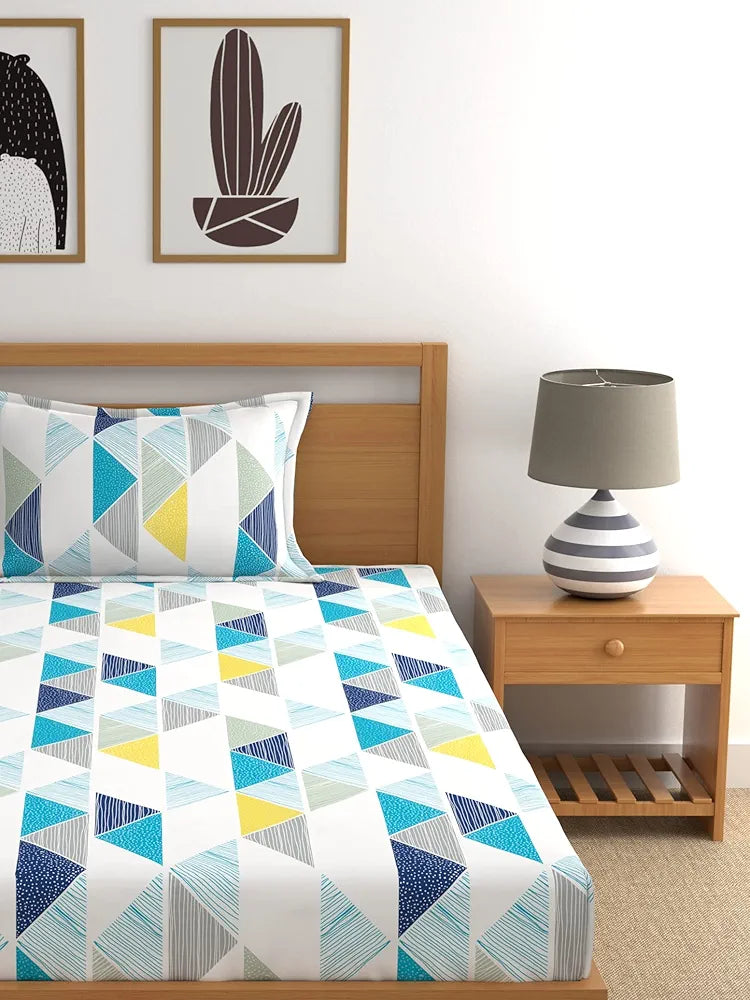 Dreamscape Cotton Single Bedsheet with 1 Pillow Cover Floral Teal Blue