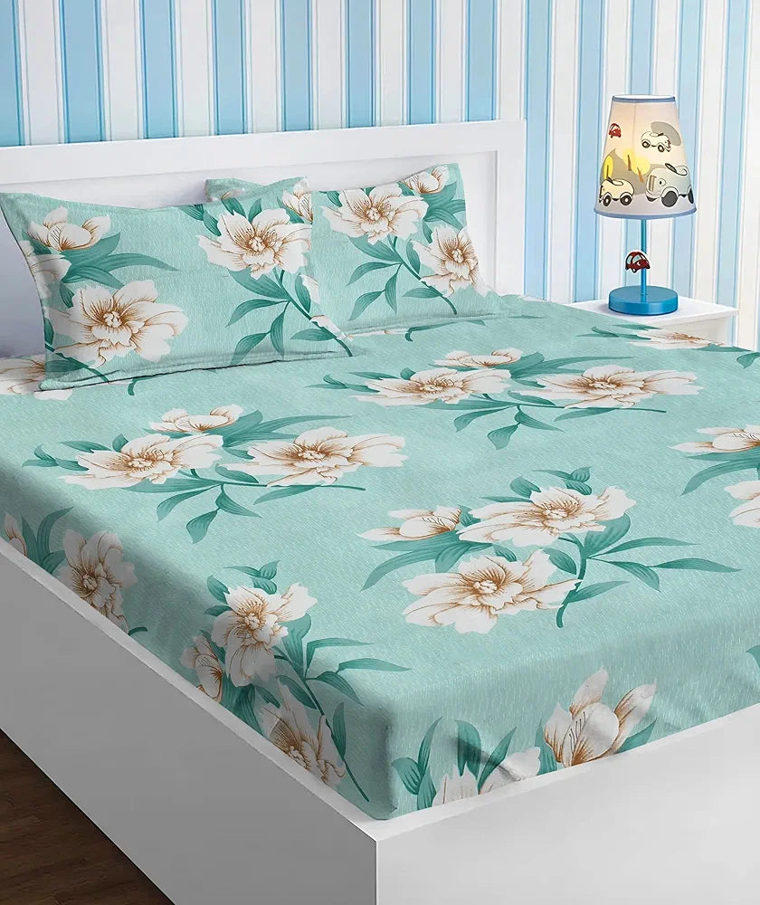 Homekart Premium Cotton Elastic Fitted Bedsheets with 2 King Size Pillow Covers Double Bed Flower Print Light Green 200 tc - 220 tc