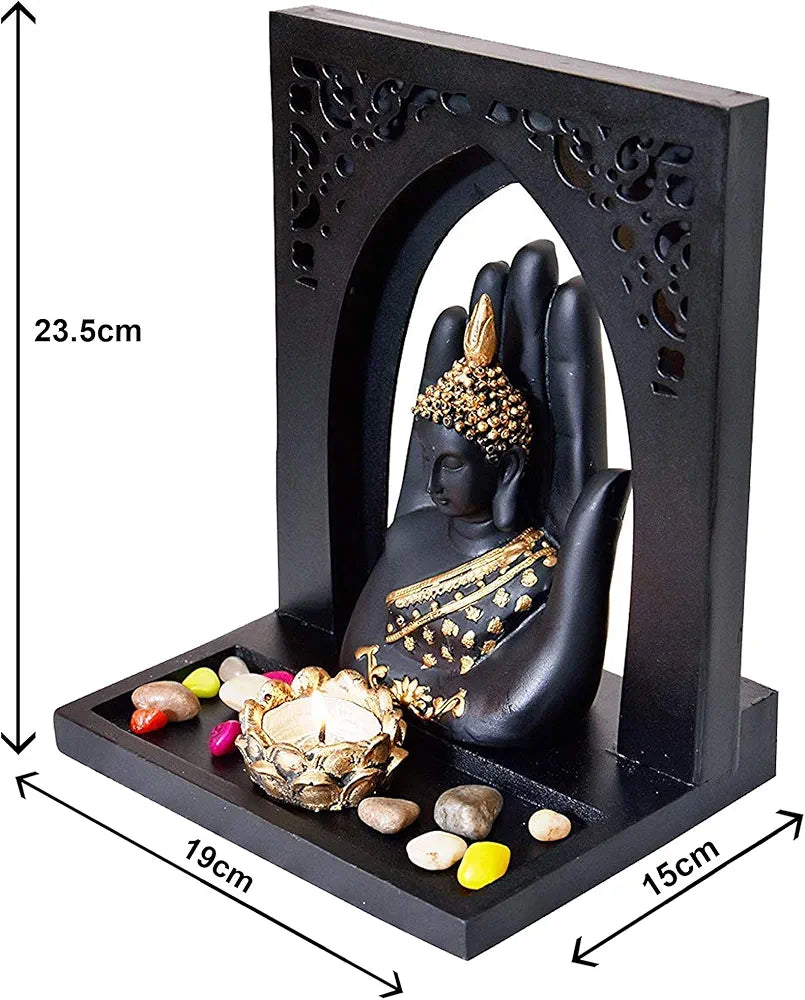 Mariner's Creation Buddha Face Idol With Royal Tray and T Light Holder Gold & Black