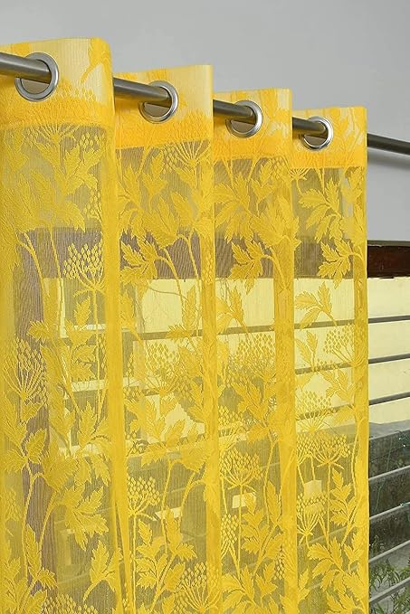 Loomlyfe 5ft Window Curtain | Heavy Tissue Net Floral Semi Transparent Sheer Parda for Home | Yellow Net Curtains | 2 Pieces