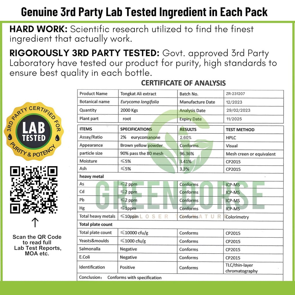 GREENDORSE Organic Tongkat Ali Longjack Root Extract Powder, 2% Eurycomanone | 3 Months Supply | Enhanced T-Level, Stamina and Stress tolerance, Vegan Friendly, 50g