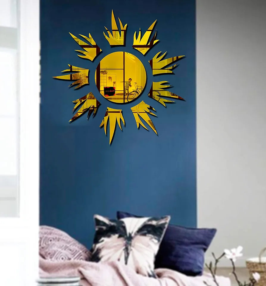 Bikri Kendra Sun Golden Mirror Stickers for Wall, Acrylic Mirror Wall Decor Sticker Model-11