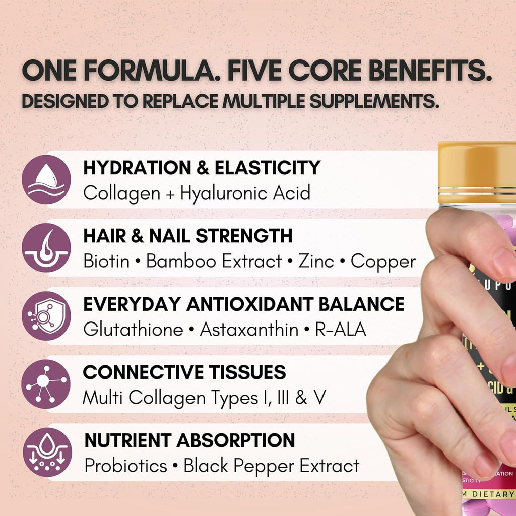 ANUPURAK Multi Collagen Complex Tablets — 3000mg · Types I, III & V | 18 Actives: Reduced Glutathione, Hyaluronic Acid, Astaxanthin & Biotin | Skin, Hair & Nail Daily Beauty Nutrition | 90 Tablets (30 Days)