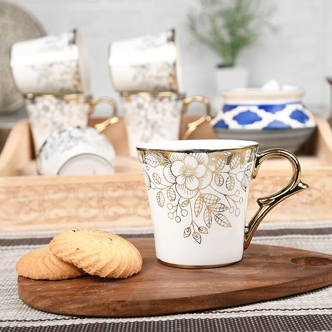 Femora Premium Gold Floral Buds Leaves Ceramic Coffee & Tea Cup Set of 6 | 160 Ml