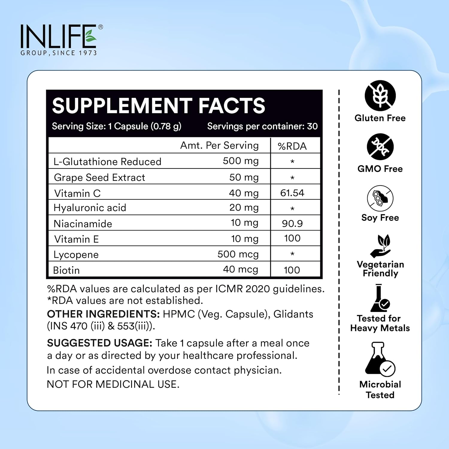 INLIFE L-Glutathione Reduced 500mg | Grape Seed Extract, Vitamin C, Hyaluronic Acid, Niacinamide, Vitamin E, Lycopene & Biotin | Antioxidant Complex for Skin & Immune Support - 30 Vegetarian Capsules (Pack of 1)