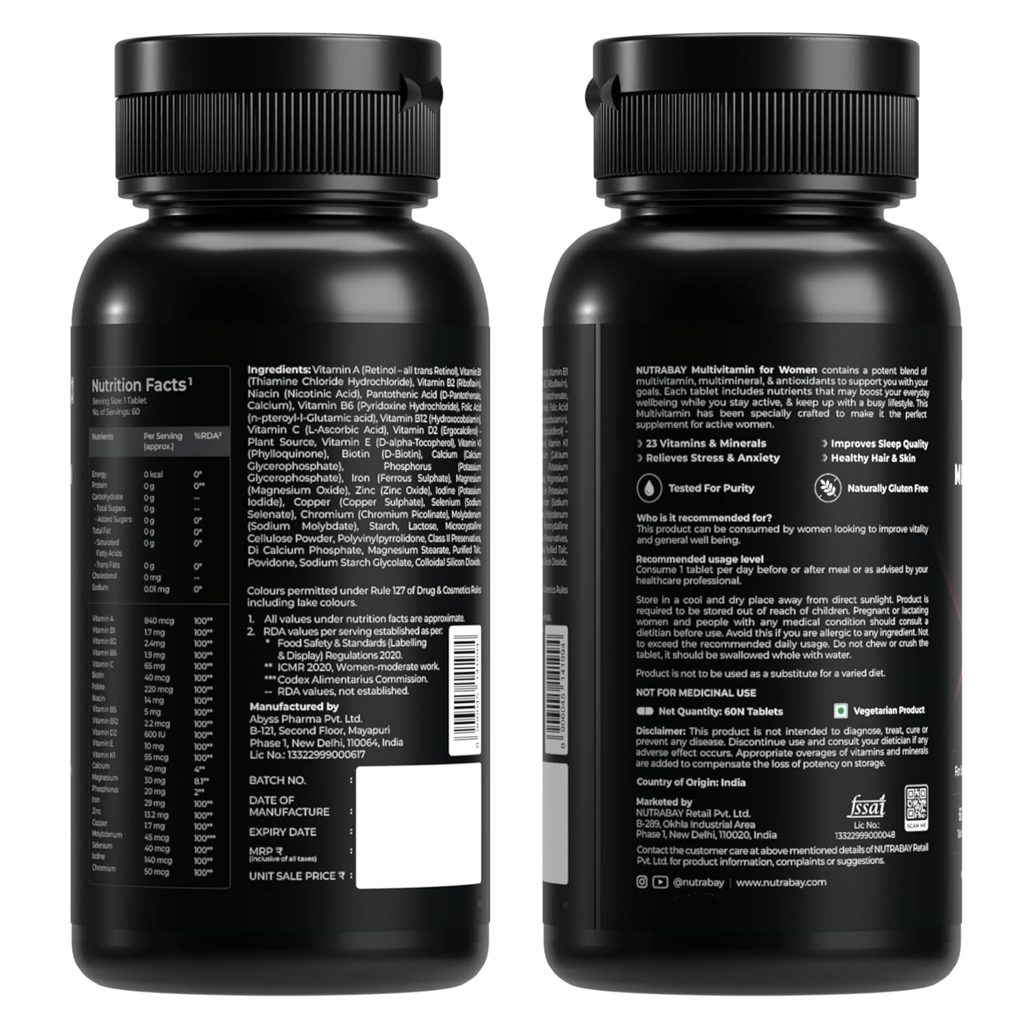 Nutrabay Pro Active Multivitamin for Women â€“ Effective Doses of Iron, Vitamin A, B5, B6, C, D, E & K and Minerals â€“ Immunity, Hair, Skin & Bone Support â€“ 60 Tablets | 100% RDA Dosage | Purity Tested