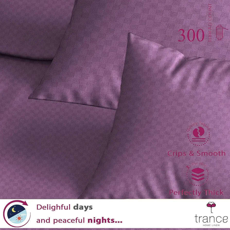 Trance Home Linen 300TC Jacquard Weave Fitted Bedsheet for King Size Bed with 2 Pillow Cover Skin Friendly Premium 100% Cotton 78 x 72 Inches Colour Plum