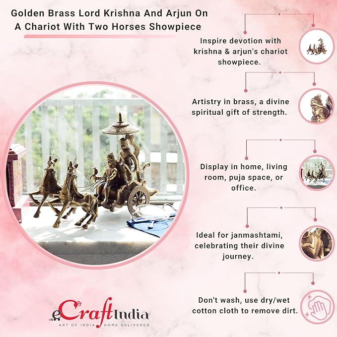 Ecraftindia Antique Krishna Arjuna Rath Brass Showpiece | Brown