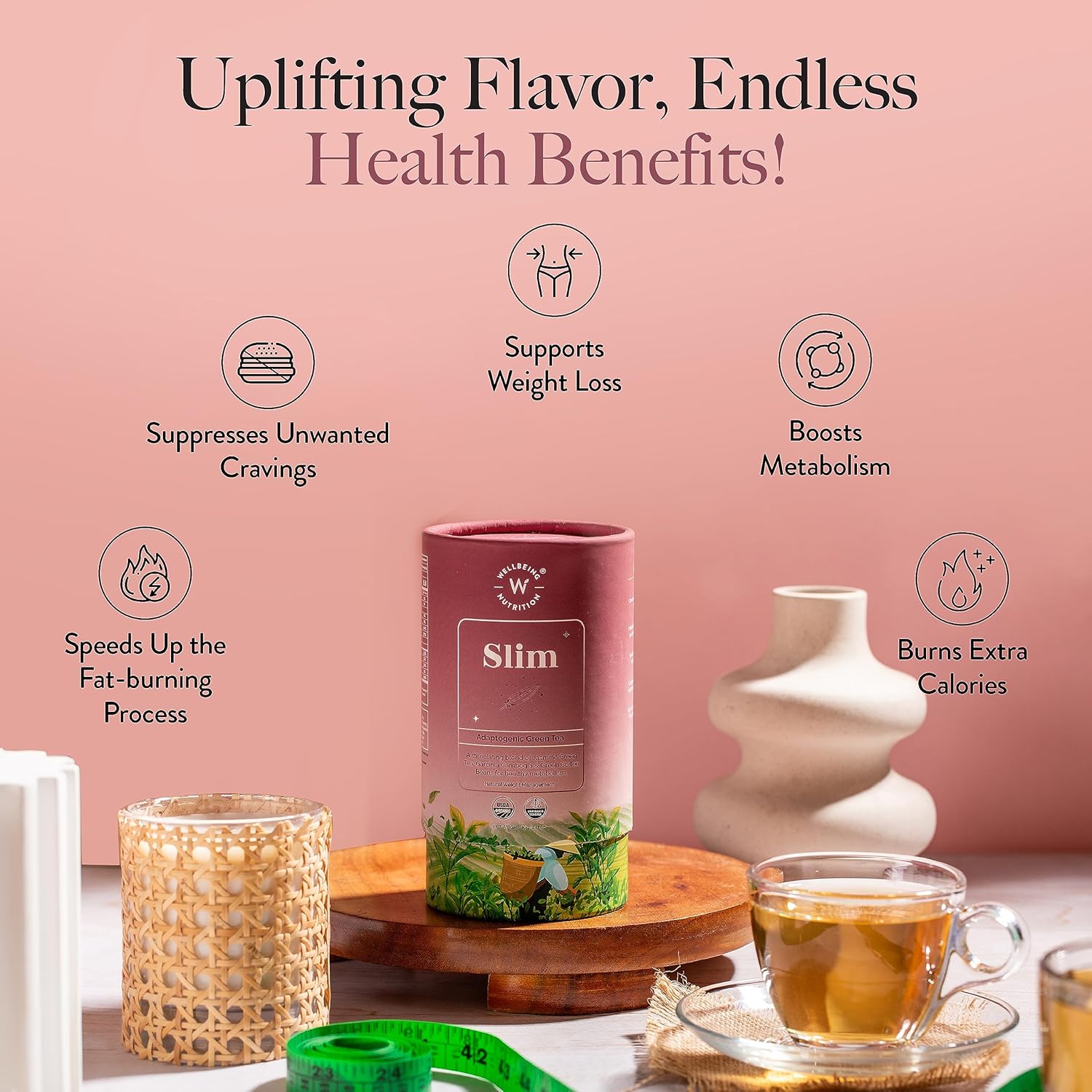 WELLBEING NUTRITION Slim Tea|Sliming Tea For Weight Management|Improves Metabolism, Satiety & Detox|Jasmine Green Tea, Garcinia Cambogia, Green Coffee Beans (40 Pyramid Tea Bags) - 40 Gram