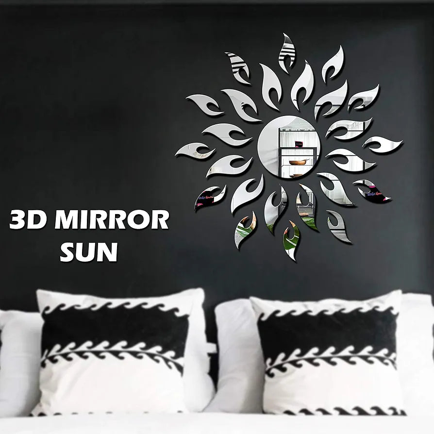 Bikri Kendra Ind Sun with 12 Hexagon Rings Silver Mirror Stickers for Wall Acrylic Sticker for Wall