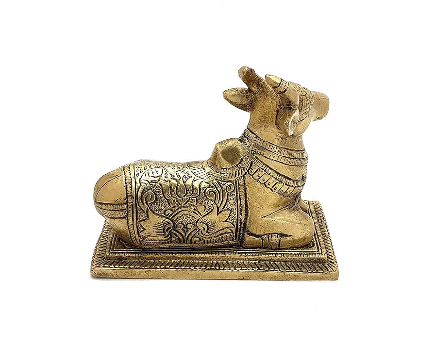 Two Moustaches Lotus Engraved 5 Inches Brass Nandi Cow Over Base