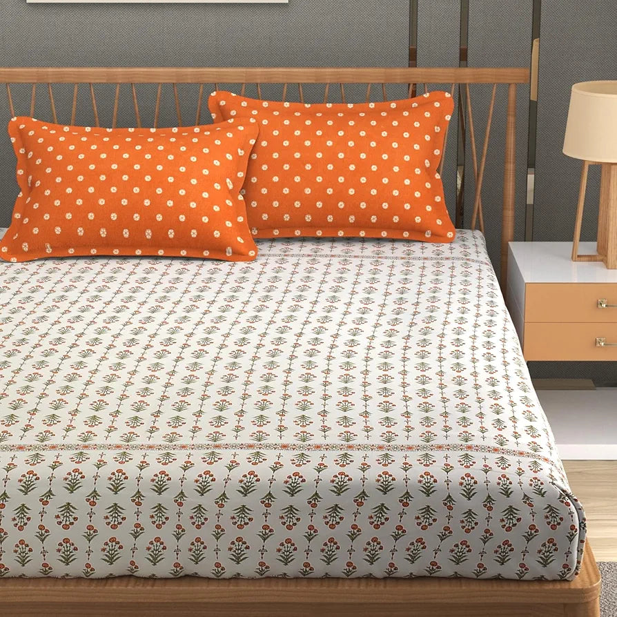 Homefab India 210 TC Glace Cotton King Size BedSheet with 2 Pillow Covers Floral Orange