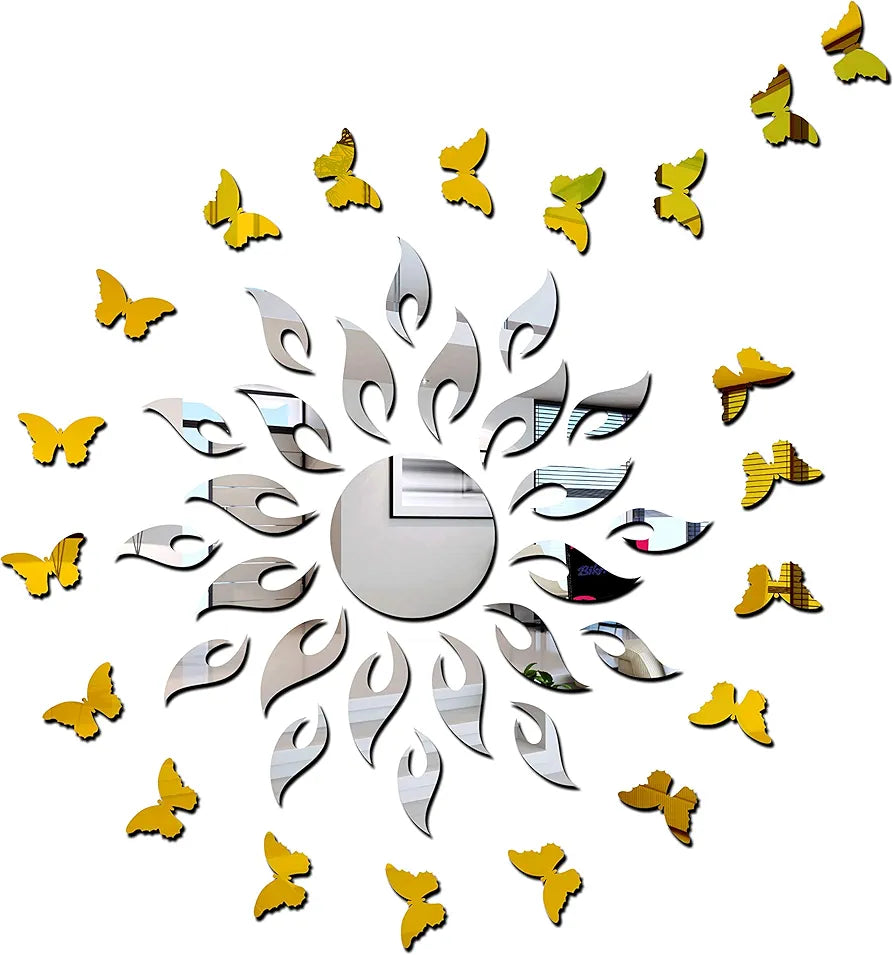 Bikri Kendra Sun Silver with Golden Butterfly Decorative Mirror Stickers for Wall Wall Mirror Stickers 3D Acrylic