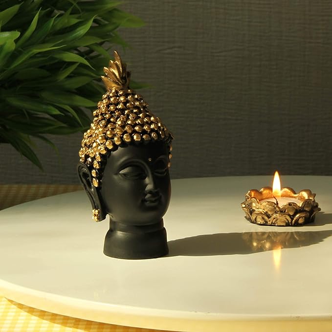 Tied Ribbons Resin Buddha Head Idol Statue Showpiece Items for Home Decor Mandir