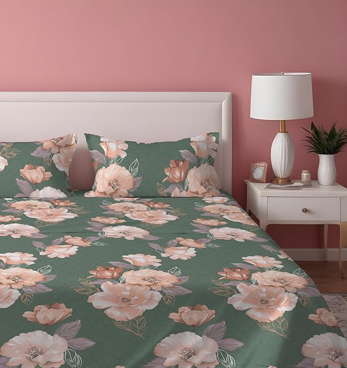 Dreamlet Presents Luxurious Supersoft Cotton Feel 210tc King Size Elastic Fitted Double Bedsheets With 2 Pillow Covers | Green