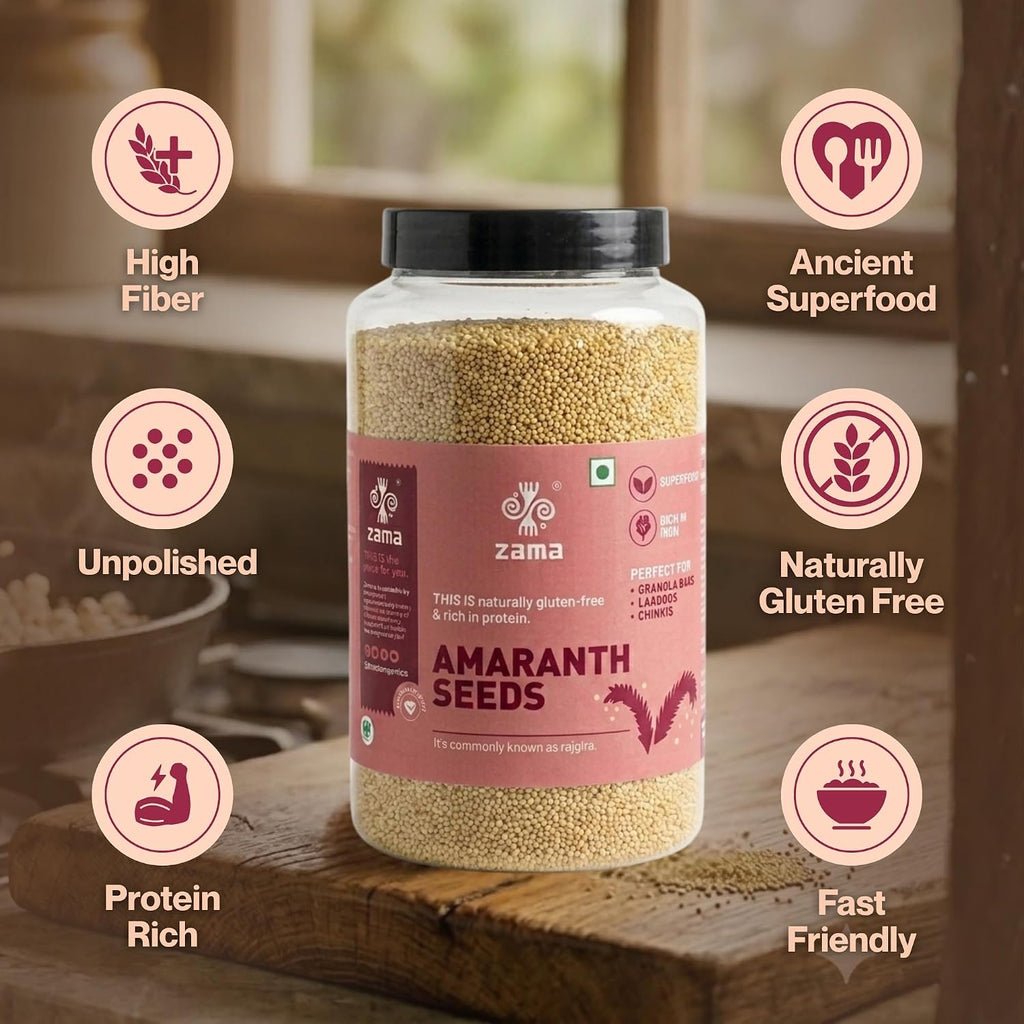 Zama Organics Amaranth Seeds 1Kg Jar | Rich in Fiber & Protein | Keto Friendly | Gluten free, Calcium Rich | No Cholesterol | Rajgira Seed | Best for soups, chapati, salads