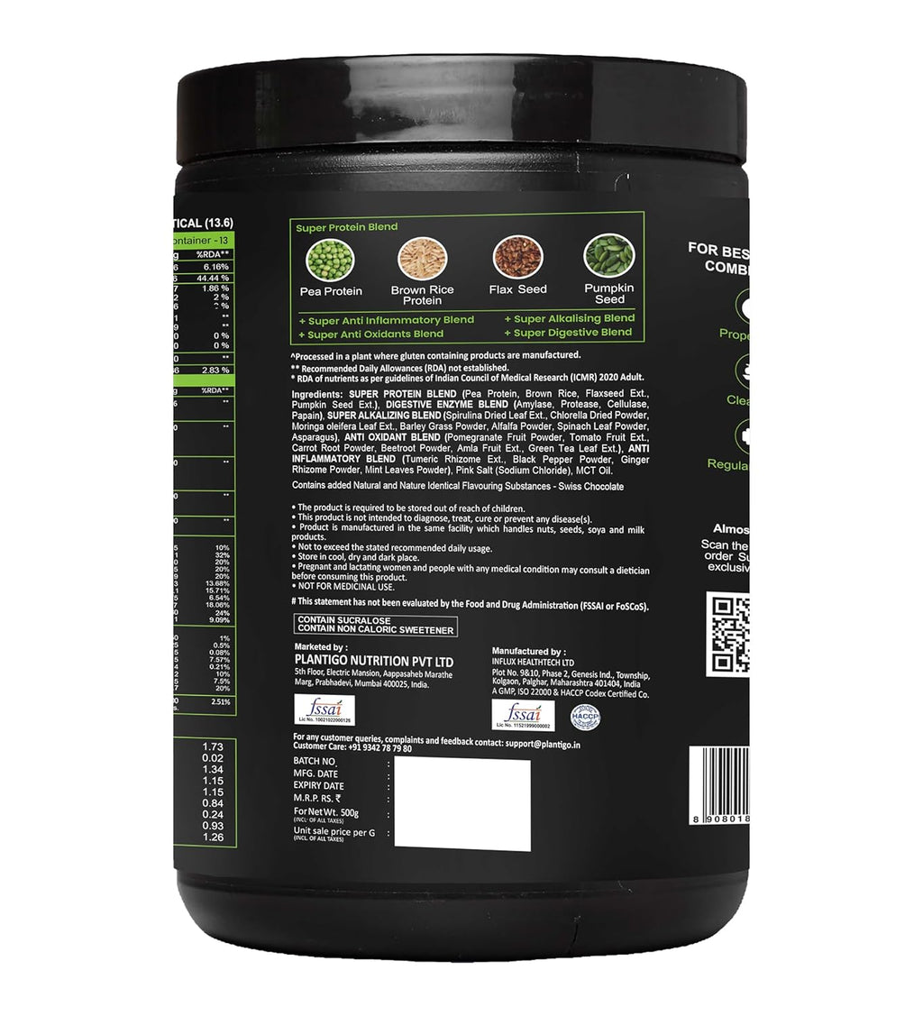 Plantigo Clean Protein Powder Men & Women | 24g Plant Protein, 4.4g BCAA, 2g Leucine, 4g Fiber | No Sugar, No Dairy, No Preservatives | 4x Fast Digest, Stress & Muscle Recovery | Swiss Chocolate 500g