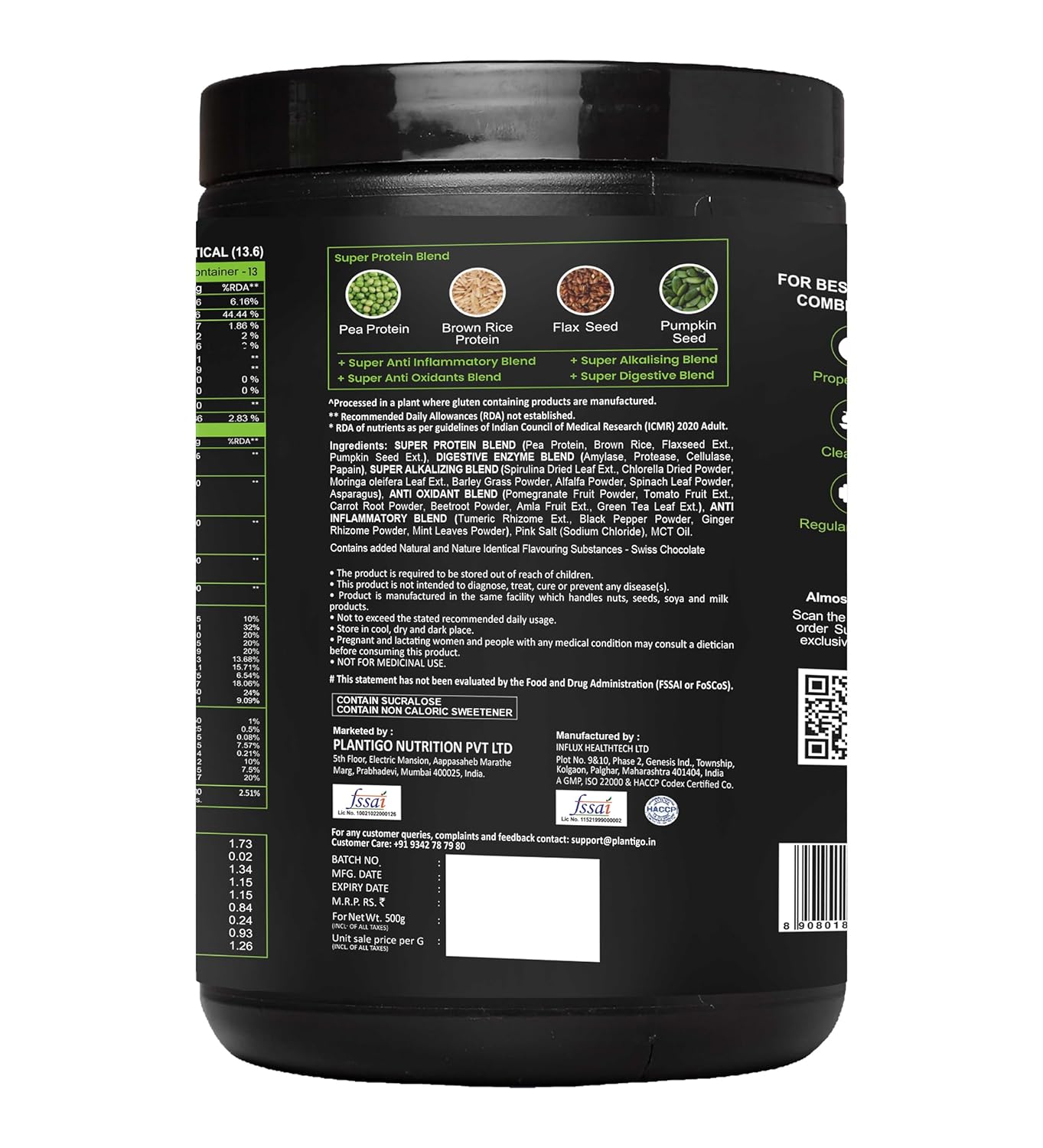 Plantigo Clean Protein Powder Men & Women | 24g Plant Protein, 4.4g BCAA, 2g Leucine, 4g Fiber | No Sugar, No Dairy, No Preservatives | 4x Fast Digest, Stress & Muscle Recovery | Swiss Chocolate 500g