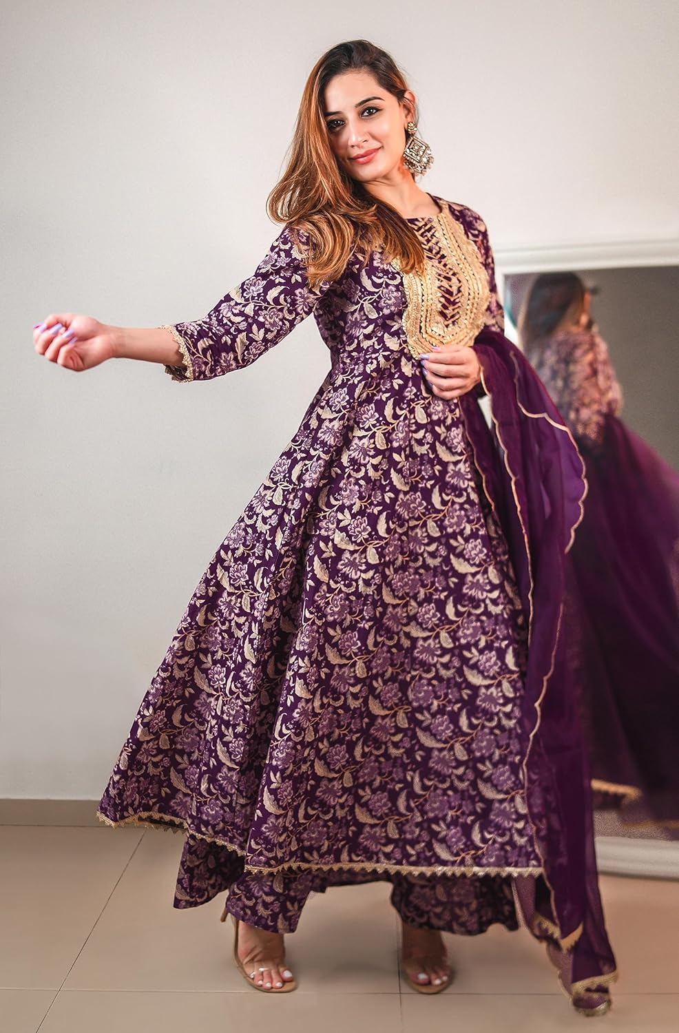 Janasya Women's Voilet Cotton Floral Printed Kurta with Palazzo and Dupatta