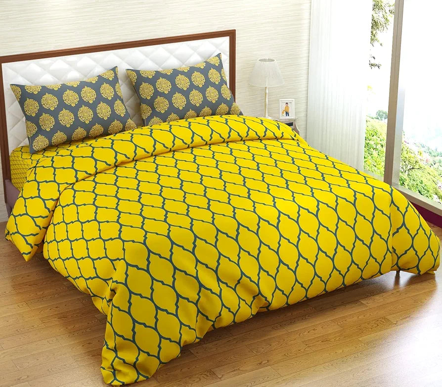 200TC 100% Cotton Printed Zippered Duvet Cover/Blanket/Quilt Comforter Cover/Razai Cover King Size with 2 Pillow Covers Colour Dori & Damask Mustard Yellow