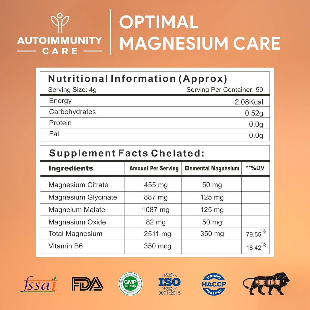 Autoimmunity Care Optimal Magnesium Care – 4-in-1 Magnesium Complex with B6 | Magnesum Glycinate, Citrate, Malate & Oxide | Supplement for Sleep, Stress, Muscle Cramps, Bones & Nerves | 200 gm (50 Servings)