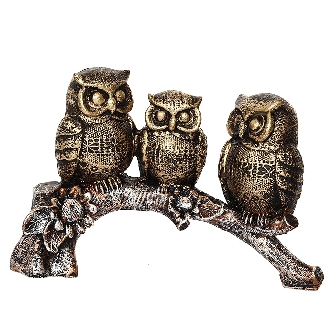 Ecraftindia 3 Owl Sitting on Branch Antique Finish Handcrafted Polyresin Decorative Showpiece